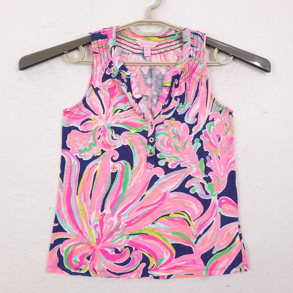 Lilly Pulitzer Essie Tank Top Smocked 2XS Tropical Floral Vocation Casual Beach